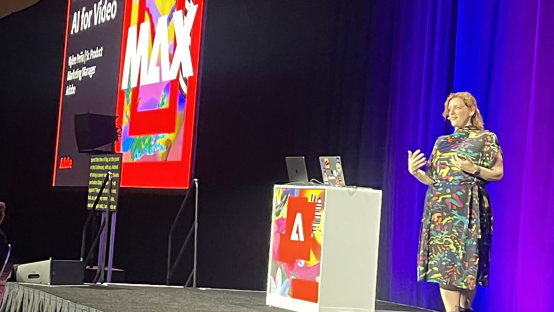 Kylee Peña presenting on stage at Adobe MAX. Pic: Adobe